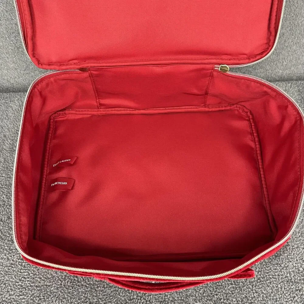 Estée Lauder Red Velvet Star Cosmetic Travel Train‎ Bag Gold Zipper Recycled